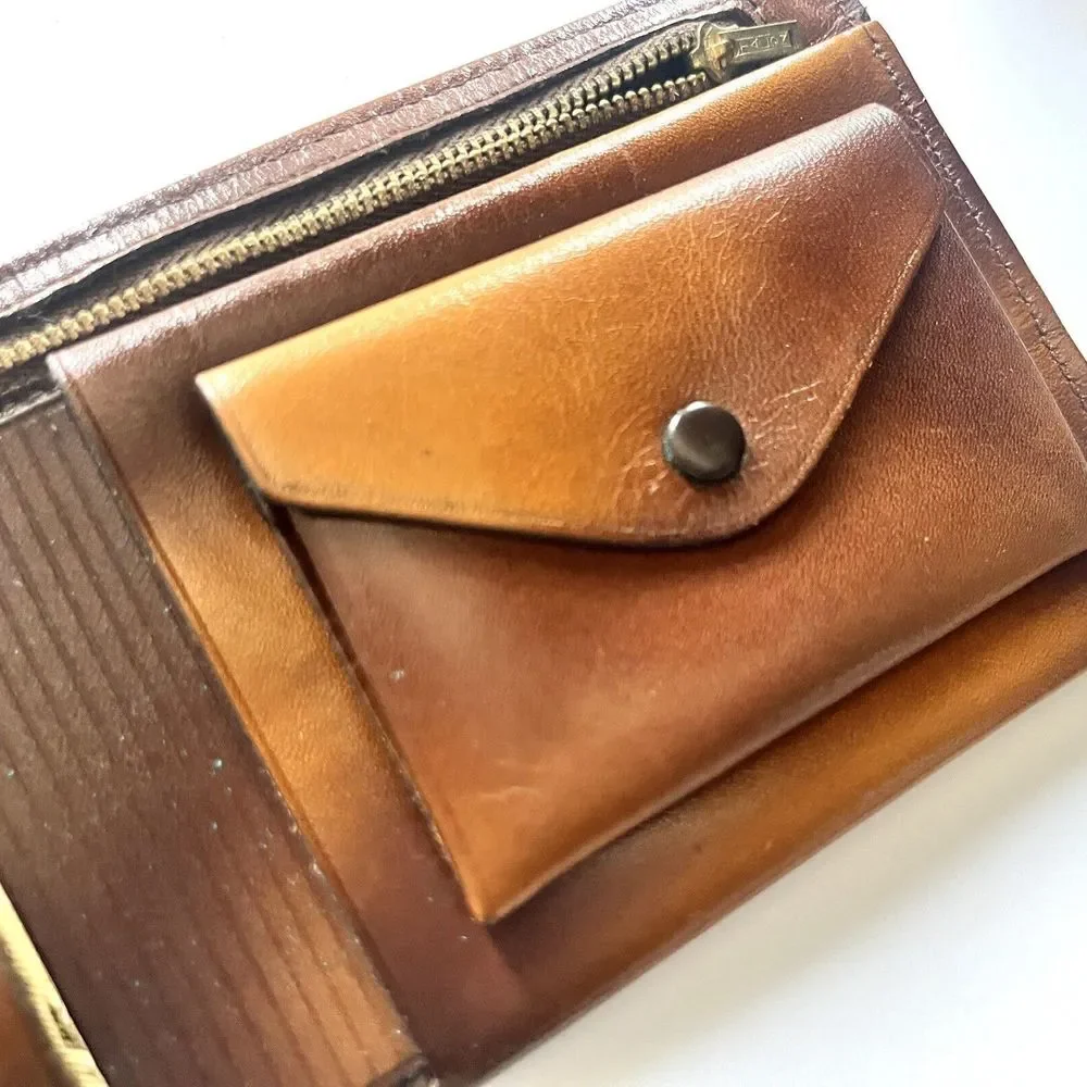 Vintage Cameo Brown Leather Wallet Bifold Card Holder Zipper Pocket - Picture 5 of 8